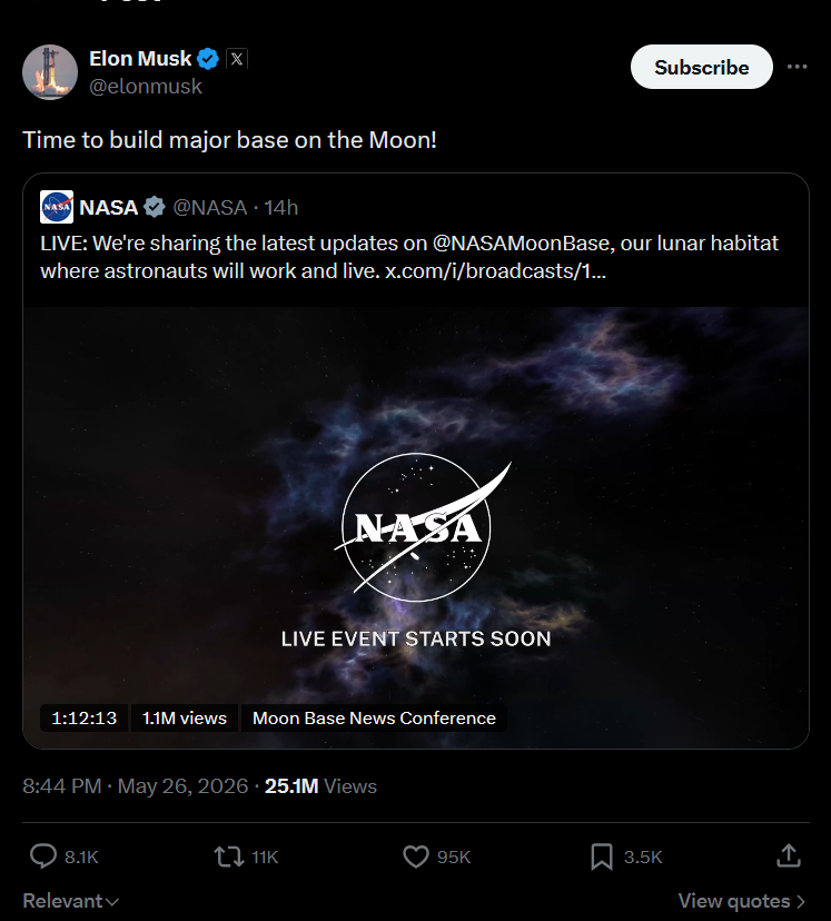 Elon Musk: Time to build major base on the Moon!